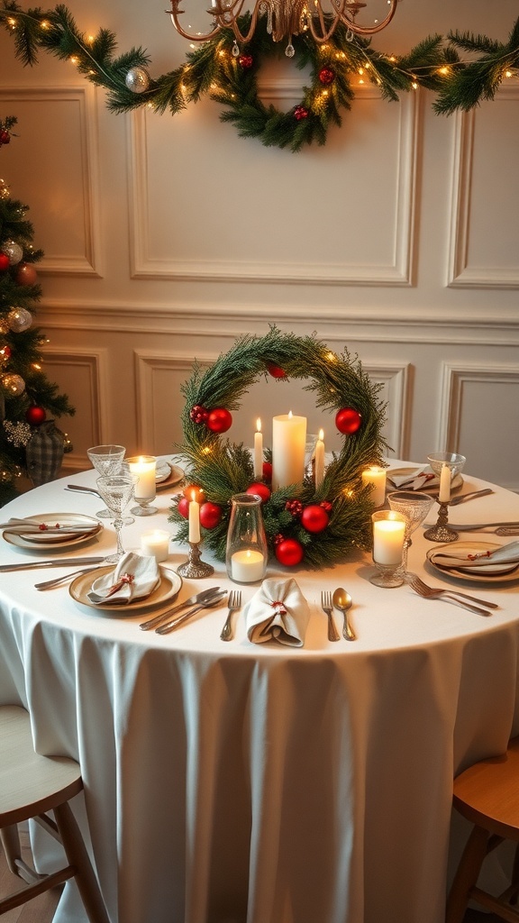 Elegant Christmas table setting with circular decorations, wreath centerpiece, candles, and ornaments.